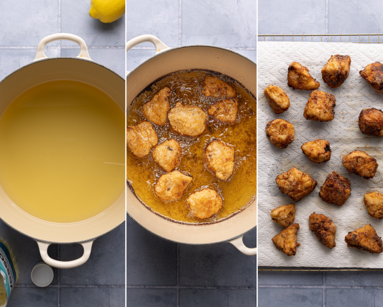 Three images showing heating the oil, frying the chicken pieces and placing the chicken pieces on a paper-towel lined wire rack to soak up excess oil before tossing with butter sauce.