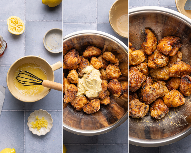 Three images showing making the butter sauce, adding the sauce to the cooked chicken then gently tossing the chicken bites in the sauce until everything is combined.