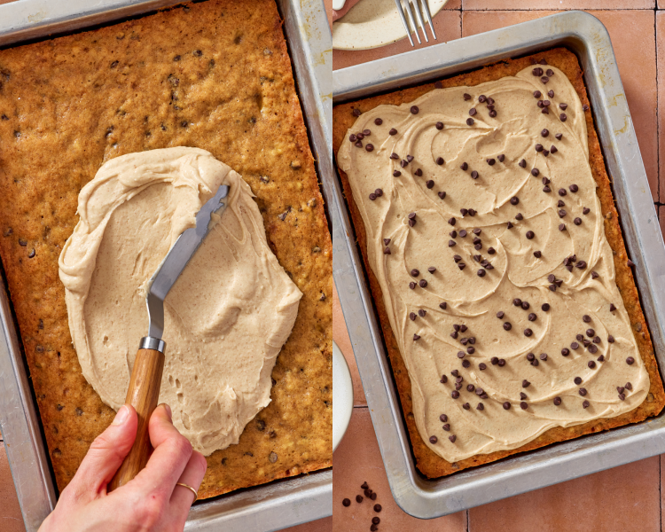 Side-by-side of spreading the frosting on the cooled bars then topping with extra chocolate chips.