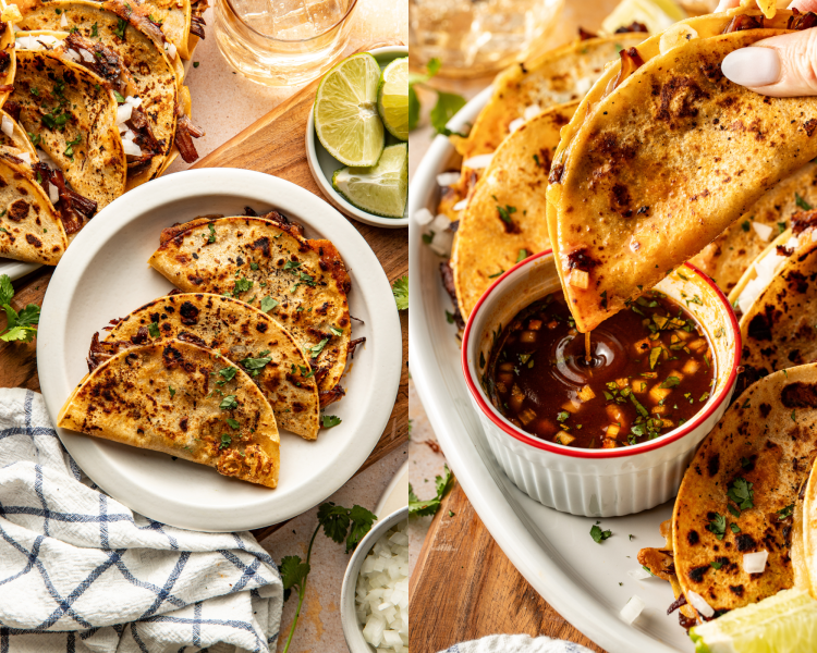 Side-by-side image of three birria tacos cooked and set on plate and then showing one taco being dipped into warm consomé.