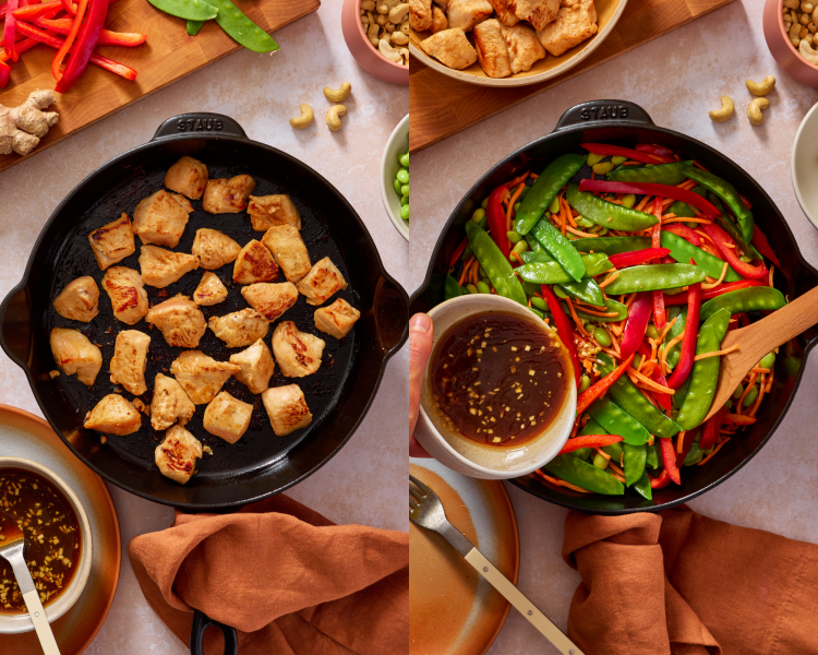 Side-by-side image of cooking chicken in the pan, then cooking the stir fry veggies and adding the sauce.