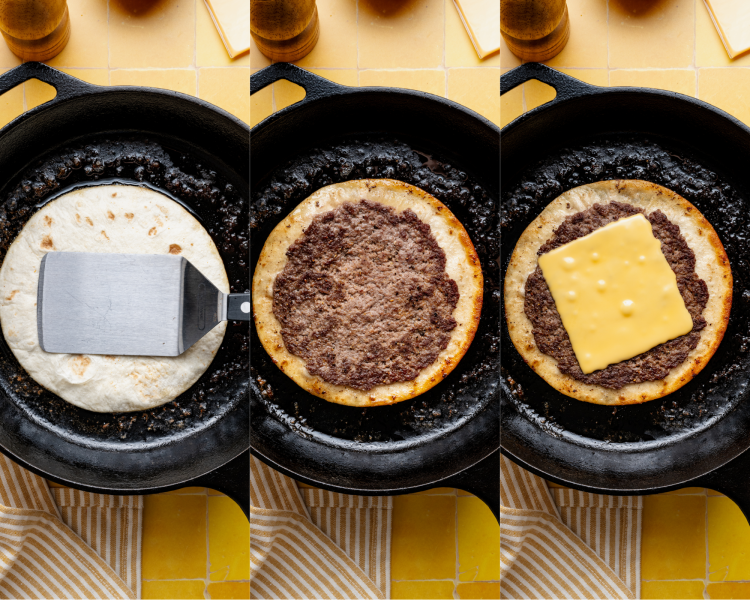 Three images side by side showing how to cook the cheeseburger taco on a cast-iron skillet.