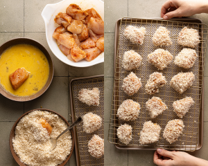 Side-by-side of breading the chicken then placing on wire rack on top of baking sheet.