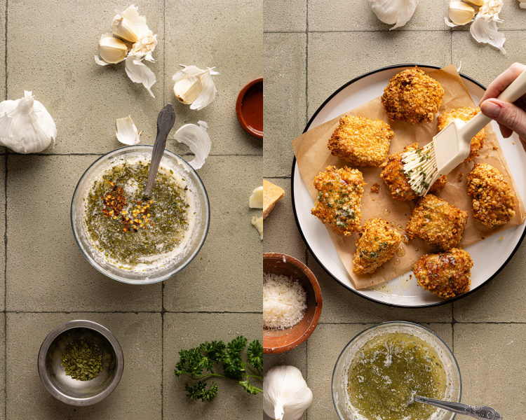 Side-by-side of mixing together garlic butter then brushing on top of cooked chicken wings.