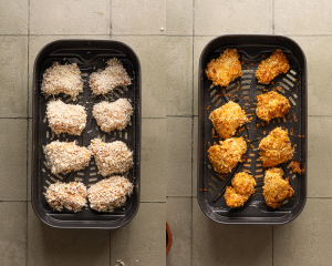 Side-by-side image of cooking chicken wings in air fryer.