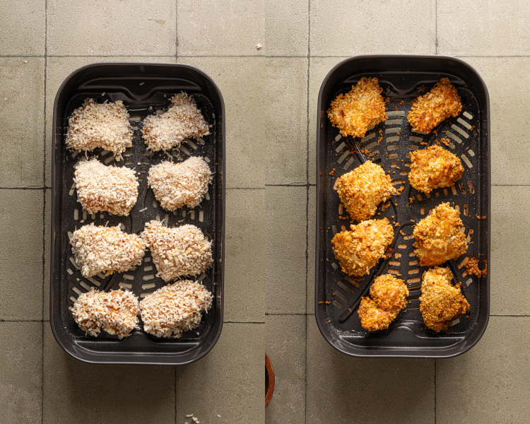 Side-by-side image of cooking chicken wings in air fryer.