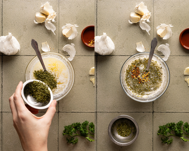 Side-by-side image of mixing together ingredients for garlic butter.