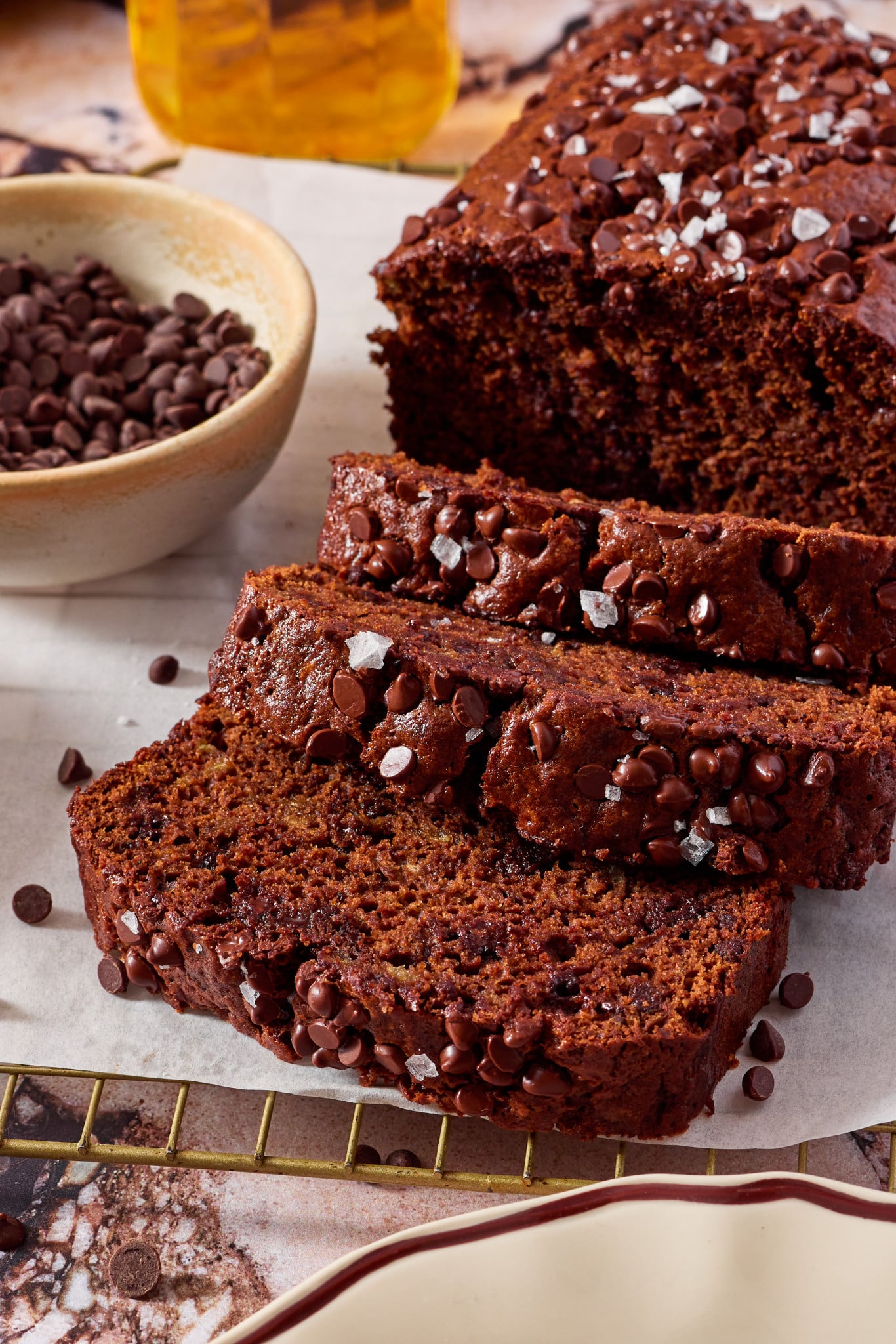 Sliced chocolate olive oil banana bread.