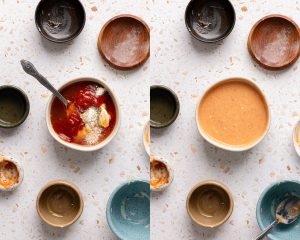 Side-by-side image of mixing together the ingredients for the bang bang sauce.