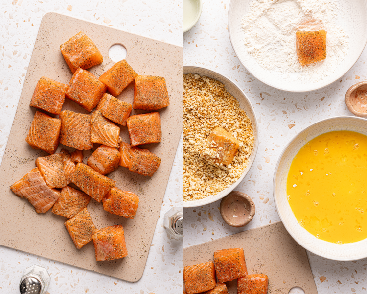 Side-by-side image showing preparing the salmon nuggets.