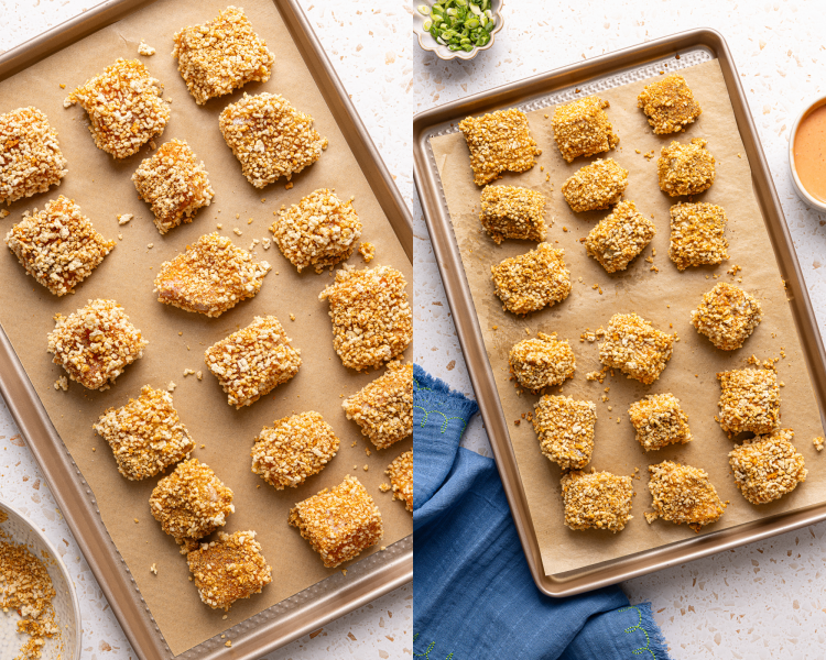 Side-by-side image of the panko salmon nuggets on a baking tray then baking for 12-15 minutes.