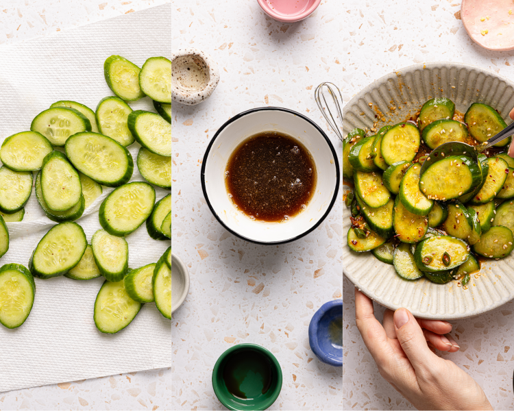 Three photos showing making the Asian cucumber salad.