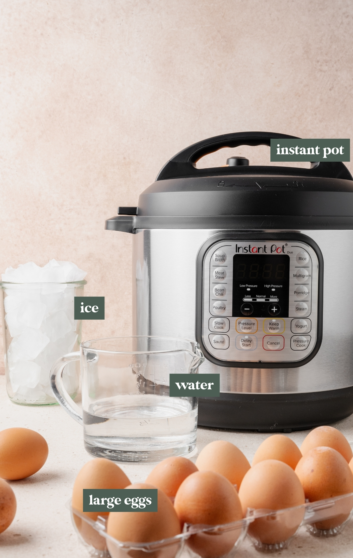 Ingredients for Instant Pot hard boiled eggs including a pressure cooker, a measuring cup of water, a jar of ice, and large eggs in a carton on a countertop.