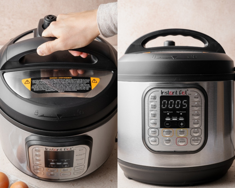 Closing and sealing the lid on an Instant Pot and setting the pressure cook time to make hard boiled eggs.