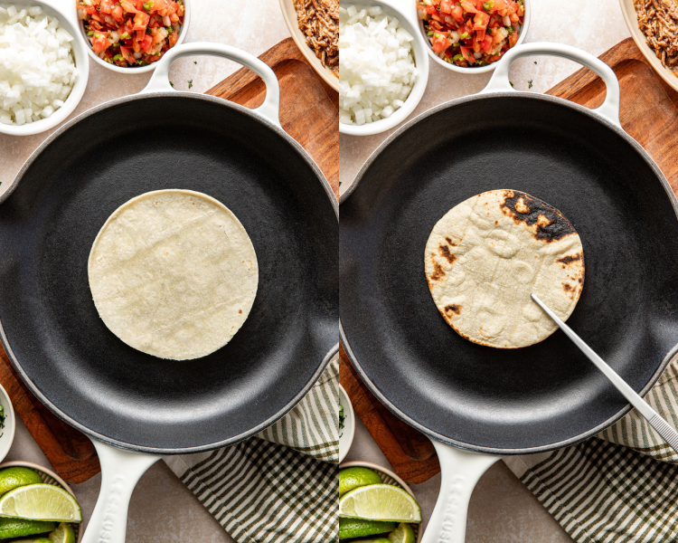 Side-by-side image showing how to heat a tortilla in a dry cast-iron skillet.