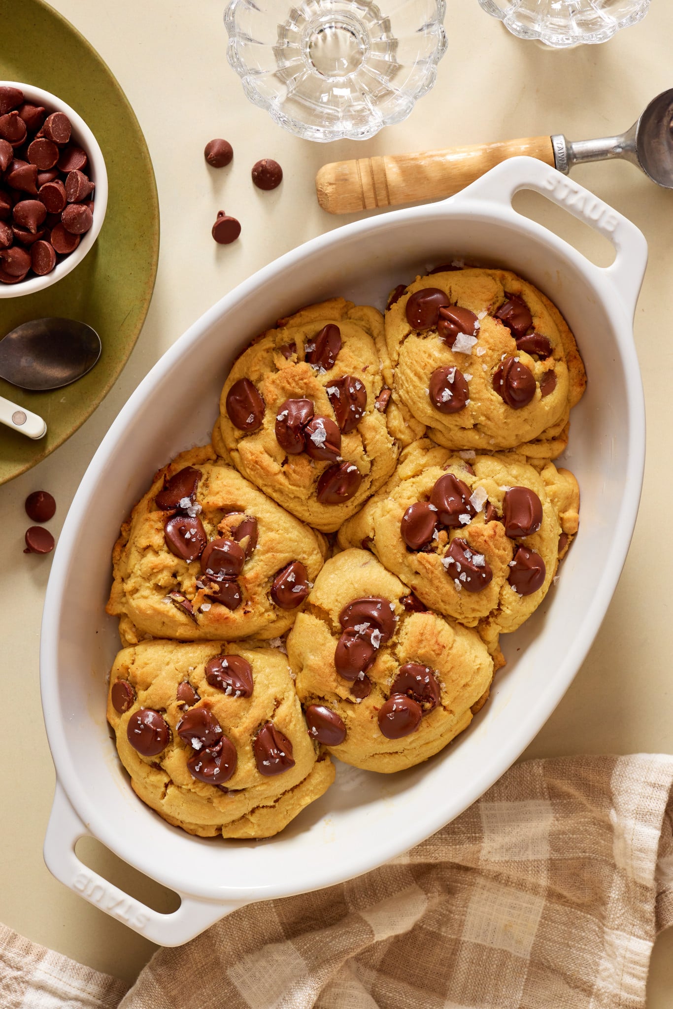 Six giant cookies baked together in a baking dish for viral "scoopable" cookie recipe.