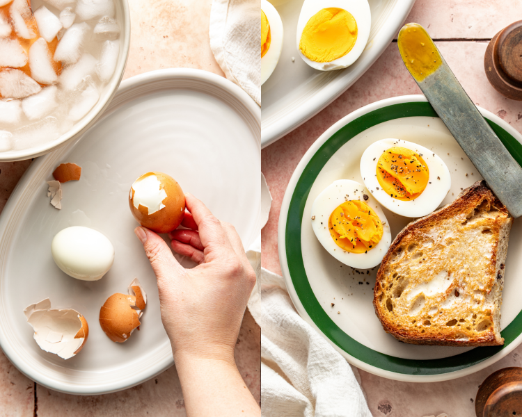 Side-by-side image showing how to peel the steamed hard boiled egg then the egg served on a plate with a piece of toast.