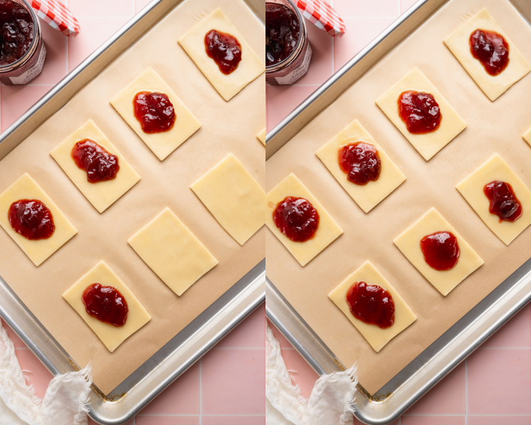 Side-by-side image showing adding 1 Tbsp. of raspberry preserves to the pie dough rectangle.