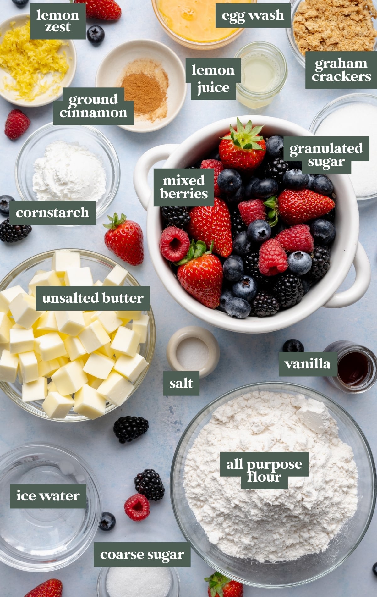 Overhead layout of ingredients for a mixed berry galette labeled in the image, including mixed berries, all-purpose flour, cubed unsalted butter, granulated sugar, coarse sugar, lemon zest, lemon juice, vanilla, egg wash, cinnamon, cornstarch, graham crackers, salt, and ice water arranged in bowls on a light surface.