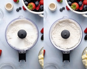 Two-panel image showing flour and sugar in a food processor bowl before and after mixing, demonstrating dry ingredients being combined for galette dough.