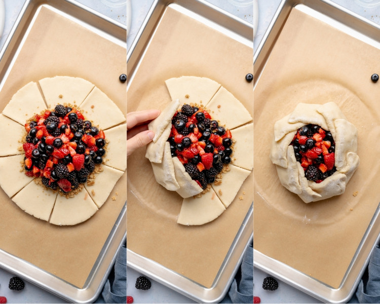 Three-panel collage showing galette shaping—dough edges sliced into sections, then folded up and over the berry filling to create a rustic crust.