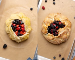Two-panel image showing unbaked galette brushed with egg wash and sprinkled with coarse sugar, then baked until golden brown with bubbling berry filling.