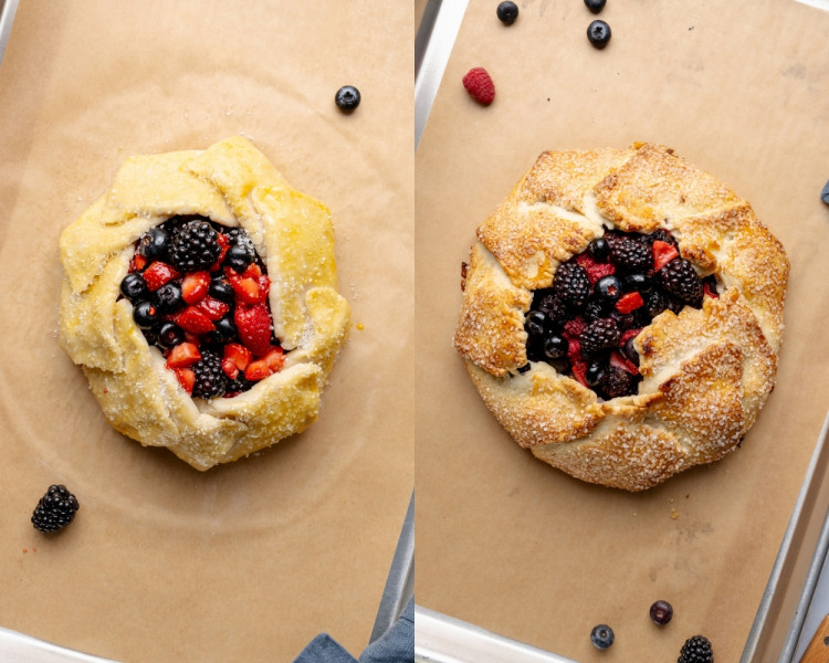 Two-panel image showing unbaked galette brushed with egg wash and sprinkled with coarse sugar, then baked until golden brown with bubbling berry filling.
