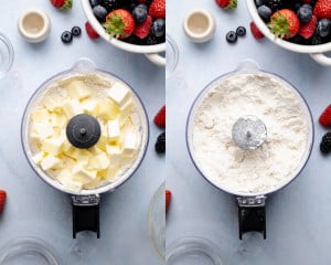Two-panel image showing cubed cold butter added to flour in a food processor and then pulsed into a crumbly, coarse mixture for pastry dough.