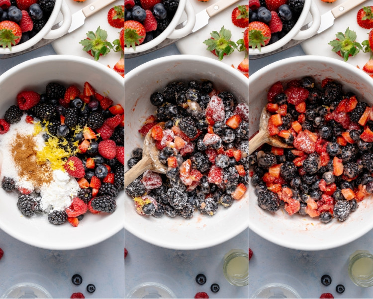 Three-panel collage showing mixed berry filling being prepared in a bowl—fresh strawberries, blueberries, raspberries, and blackberries combined with sugar, lemon zest, cinnamon, and cornstarch, then stirred until evenly coated and glossy.