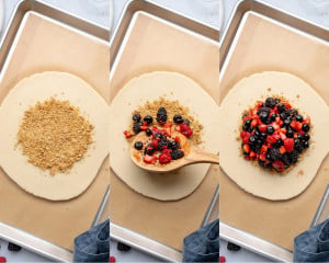 Three-panel collage showing assembly of galette—graham cracker crumbs sprinkled in the center of the dough, followed by spooning mixed berry filling on top.