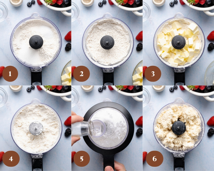 Six-step collage showing how to make galette dough in a food processor—flour, sugar, and salt pulsed together, cold cubed butter added and blended until crumbly, then ice water drizzled in until the dough forms moist, clumpy crumbs.