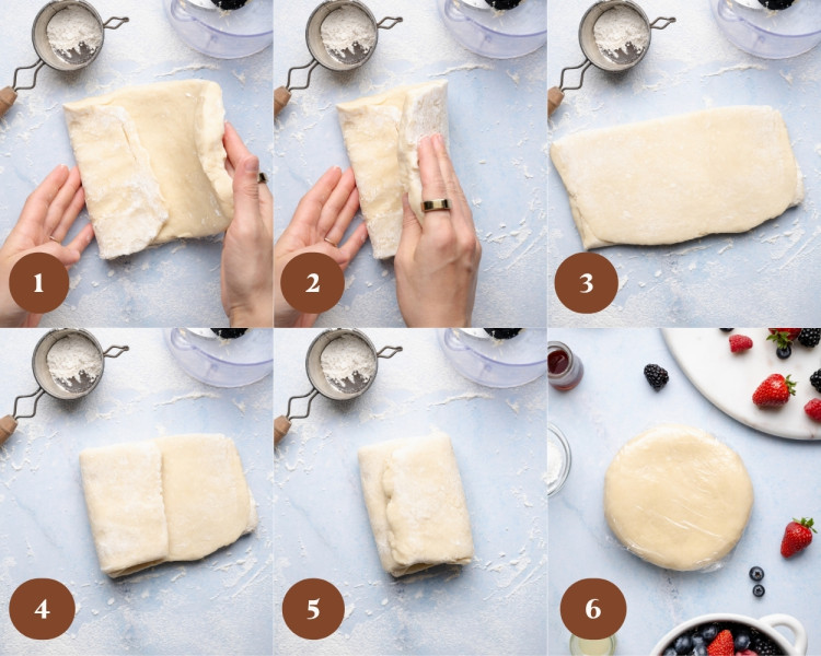Six-step collage showing folding the galette dough to create layers—dough pressed into a rectangle, folded over itself several times on a floured surface, then shaped into a compact block and wrapped in plastic wrap to chill.