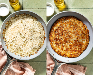 Side-by-side image of cooking crispy potato pancake in nonstick pan.