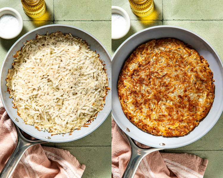 Side-by-side image of cooking crispy potato pancake in nonstick pan.