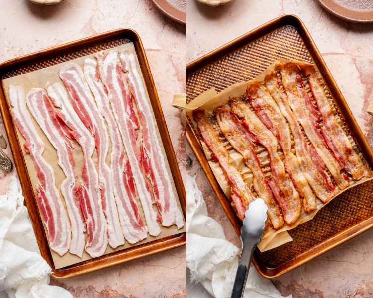 Side-by-side image of cooking bacon on a sheet pan in the oven until crispy.