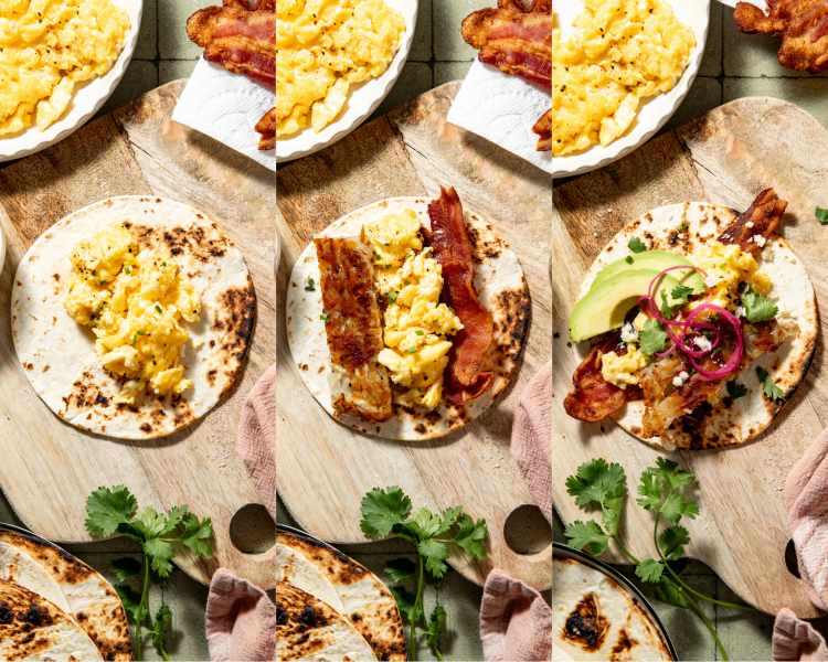 Three images showing how to assemble the breakfast tacos.