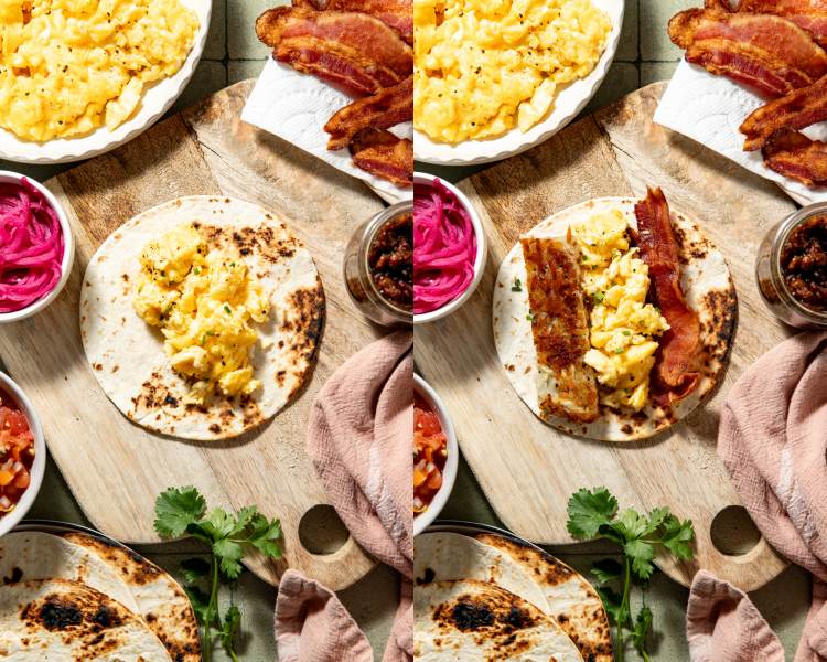 Side-by-side image of adding the eggs, bacon and potato to a tortilla before adding toppings.