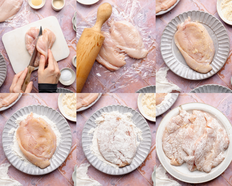 Six images showing how to cut, pound and dredge the chicken for lemon chicken piccata.