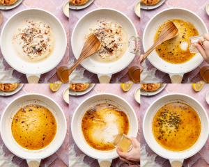 Six images showing how to make the sauce for lemon chicken piccata.