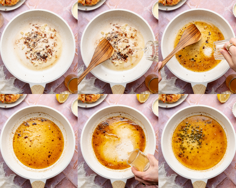 Six images showing how to make the sauce for lemon chicken piccata.