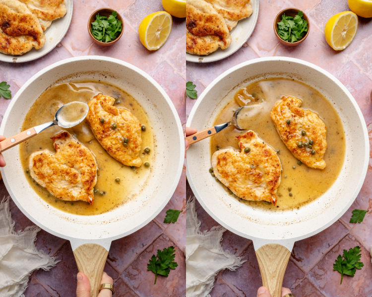 Two images side-by-side showing spooning the sauce over the cooked chicken in a pan.