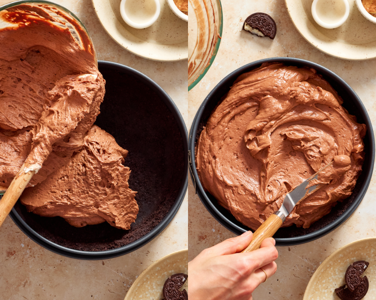 Side-by-side image of pouring filling mixture on top of Oreo crust in springform pan and spreading evenly.