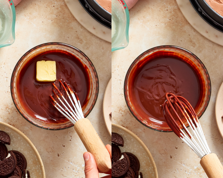 Side-by-side image of whisking in the butter to the melted chocolate.