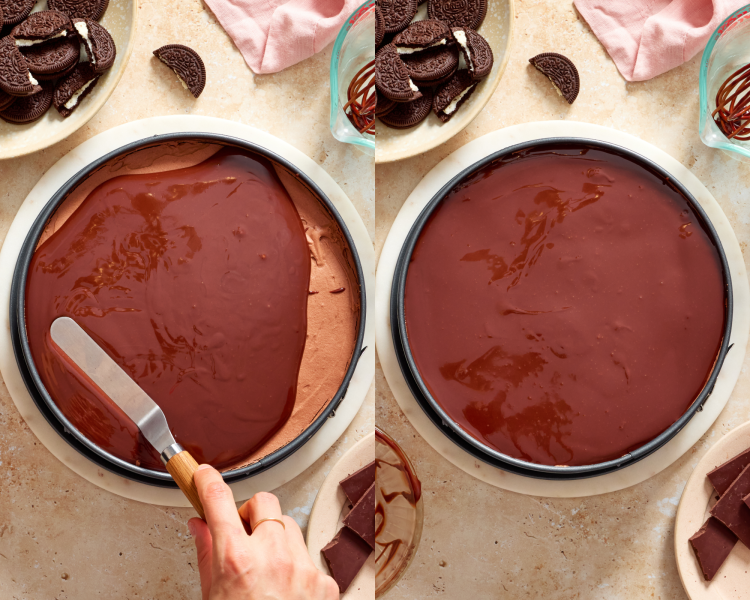 Side-by-side of spreading the slightly cooled ganache evenly over the cheesecake.