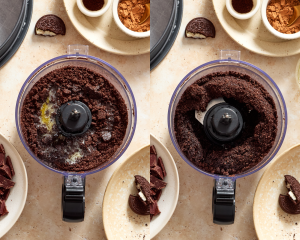 Side-by-side image of adding the melted butter to the crushed Oreos and mixing until a "wet sand" forms.