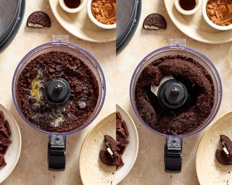 Side-by-side image of adding the melted butter to the crushed Oreos and mixing until a "wet sand" forms.