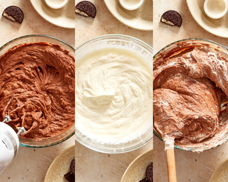 Three images showing making the chocolate mixture, whipped cream then folding the whipped cream into the chocolate mixture.