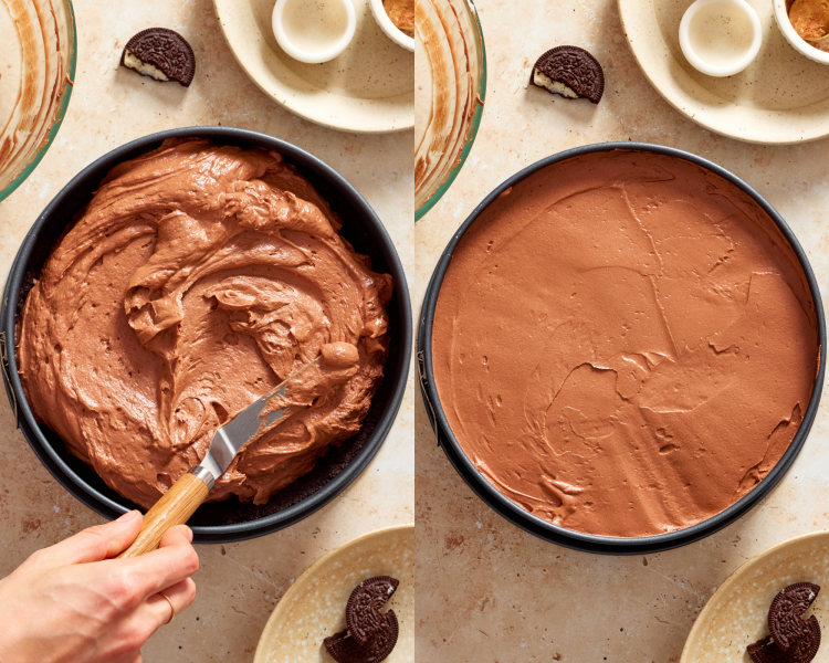 Side-by-side of spreading chocolate mixture over crust and letting chill until fully set.
