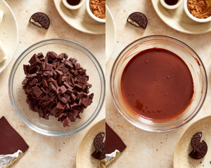 Side-by-side of chopped chocolate in a bowl then melted in the mircowave.