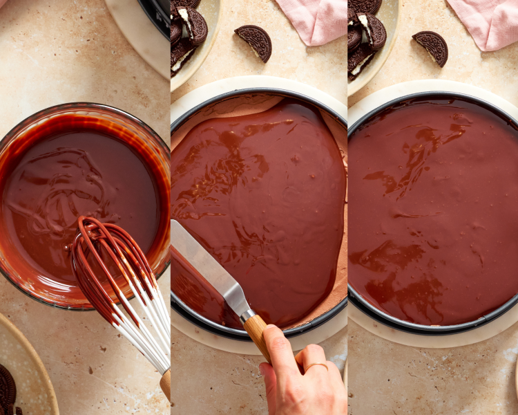 Three images side-by-side of whisking ganache together then pouring and spreading evenly over cheesecake.